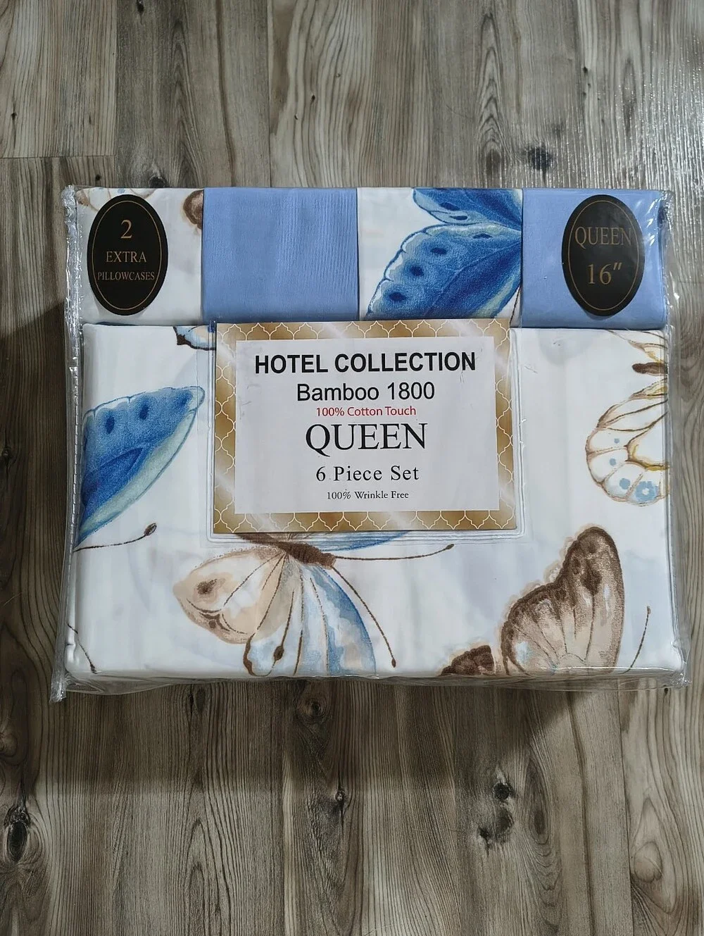 Hotel Collection Queen Bamboo 1800 Sheet Set in Blue and Brown Butterfly Print